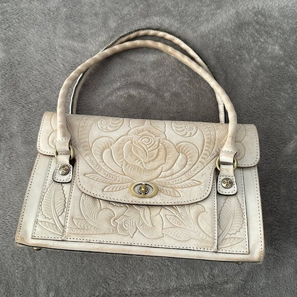 Patricia Nash Sanabria Leather Satchel White Tooled Handbag Purse - Picture 1 of 11